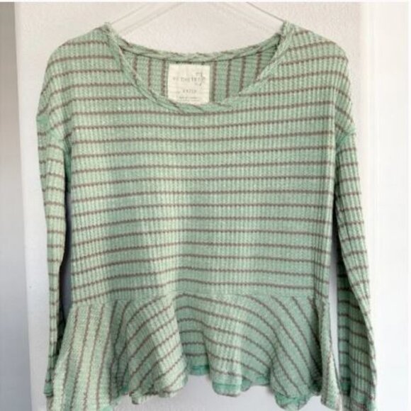 Free People Auntie Em Waffle Textured Stripes Peplum Top Mint Green Gray Size XS - Picture 3 of 5